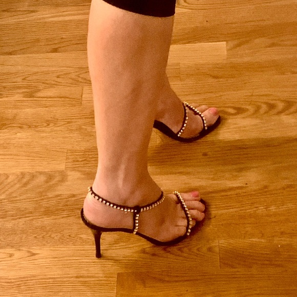 JULIEN MACDONALD black satin strappy sandal heels with rhinestones VTG - Picture 7 of 13